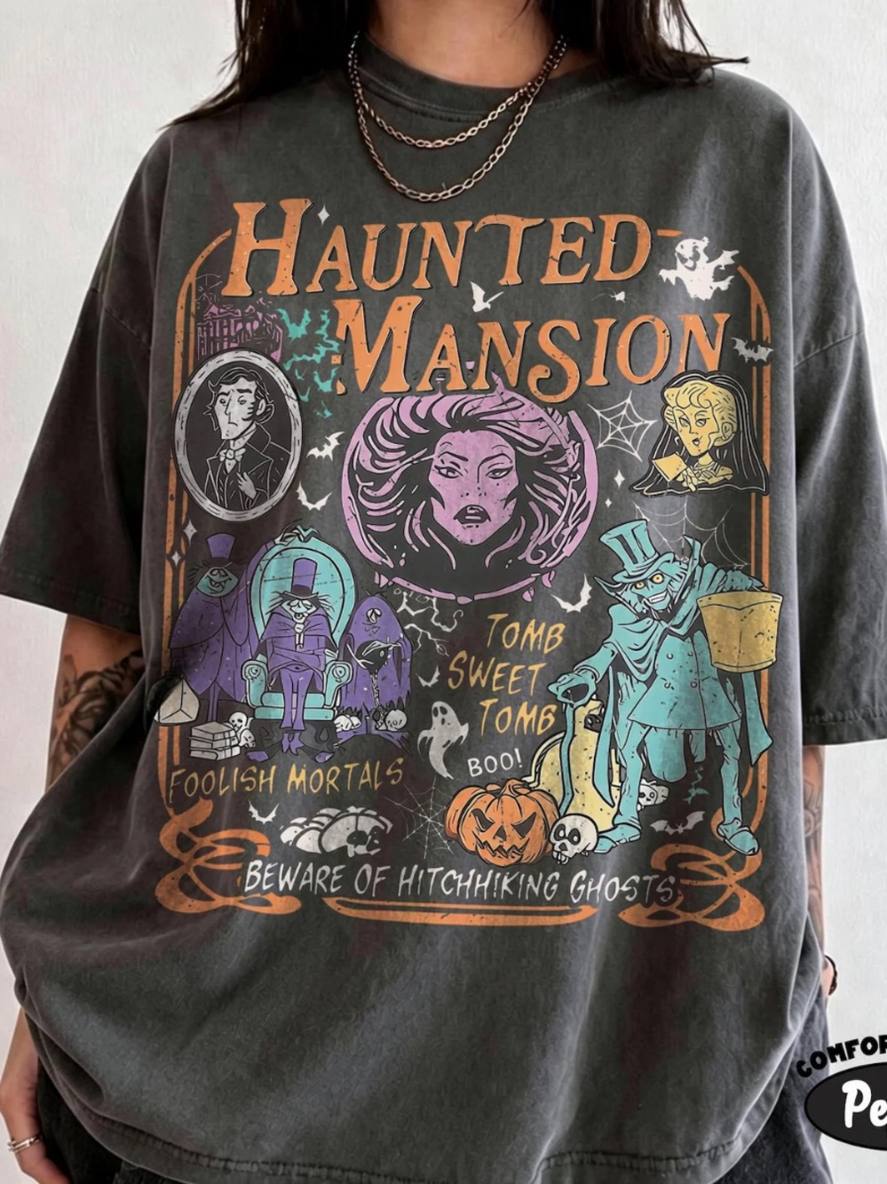Comfort Colors Haunted Mansion Graphic Tee - Pepper with Orange & Teal Accents